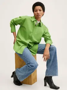 MANGO Women Green Pure Cotton Solid Oversize Casual Shirt