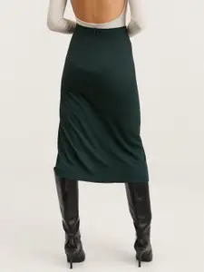 MANGO Women Green Solid Ruched Slit Pencil Midi Skirt