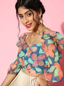 SASSAFRAS Women Stunning Blue Floral Cropped Top