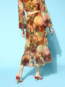 SASSAFRAS Women Gorgeous Rust Floral Tiered Skirt