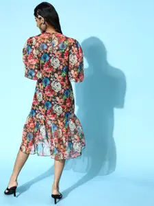 SASSAFRAS Black & Red Floral A-Line Dress