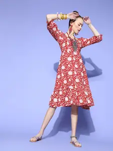 Janasya Women Gorgeous Red Ethnic Motifs Romantic Florals Dress