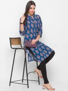Globus Women Blue Ethnic Motifs Printed Thread Work Kurta