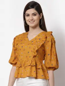 Style Quotient Mustard Yellow Floral Print Peplum Top