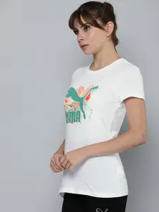 Puma Women White Graphic Printed Round-Neck Pure Cotton T-shirt