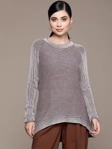 aarke Ritu Kumar Women Grey & Maroon Striped Longline Fusion Pullover