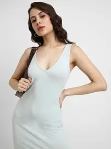 FOREVER 21 Misty Blue Solid Deep V Neck Front Slit Casual Bodycon Dress