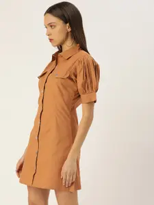 FOREVER 21 Tan Brown Solid Shirt Collar Puff Sleeves Pockets Detailing Shirt Mini Dress