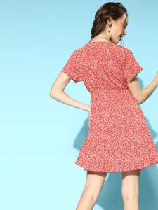 Berrylush Red & White Floral Print Crepe A-Line Dress