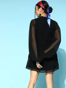 Berrylush Black Solid Georgette Puff Sleeves Dress