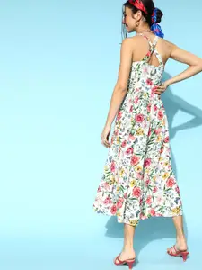 Berrylush White & Pink Floral Printed A-Line Midi Dress
