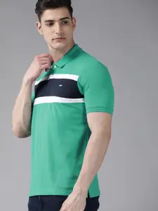 Park Avenue Men Sea Green & Navy Blue Striped Polo Collar Slim Fit T-shirt