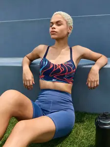 Reebok Navy Blue & Red TS Lux Strappy Lightly Padded Printed Training Bra