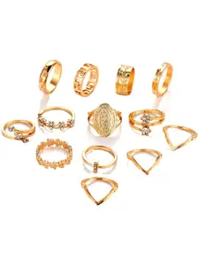 Vembley Set Of 13 Oxidised Gold-Plated White CZ-Studded Finger Ring