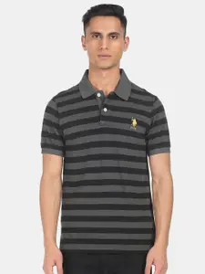 U.S. Polo Assn. U S Polo Assn Men Charcoal Grey & Black Striped Polo Collar Applique T-shirt