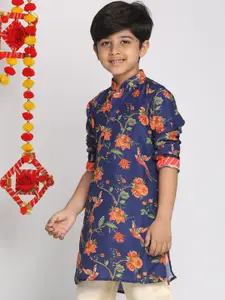 VASTRAMAY Boys Navy Blue & Orange Floral Printed Thread Work Kurta