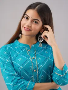 KALINI Women Turquoise Blue Bandhani Printed Empire Gotta Patti Pure Cotton Kurta with Skirt