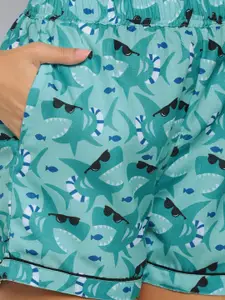 FashionRack Women Green & Blue 2 Printed Lounge Shorts