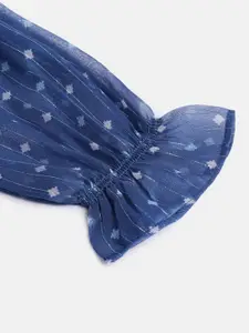 Global Desi Girls Blue Geometric Printed Ruffled Boxy Top