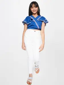 Global Desi Blue Floral Embroidered Blouson Crop Top