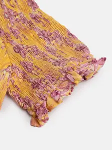 Global Desi Girls Mustard Yellow & Pink Floral Printed Pure Cotton Smocked Fitted Top