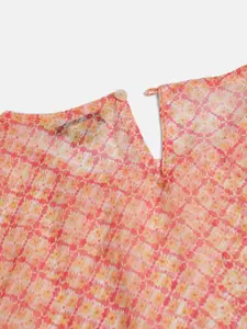 Global Desi Girls Orange & Red Ethnic Motifs Print Ruffled Sheer Boxy Top