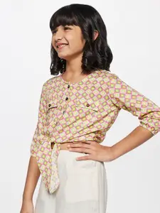 Global Desi Green & Pink Geometric Printed Top