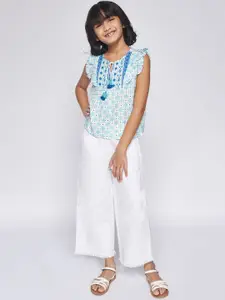 Global Desi Girls Aqua Blue & White Ethnic Motifs Print Tie-Up Neck Cap Sleeves Boxy Top