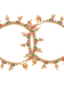 Aadita Gold-Plated Pink & Green Stone-Studded Anklets