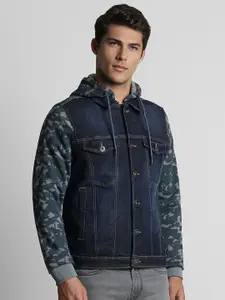 Peter England Casuals Men Navy Blue Denim Jacket with Embroidered