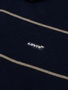 Levis Men Navy Blue & Beige Striped Polo Collar Pure Cotton T-shirt
