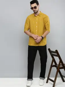 Levis Men Mustard Yellow Slim Fit Windowpane Checks Opaque Linen Cotton Casual Shirt