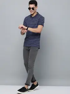 Levis Men Navy Blue & Blue Striped Polo Collar Pure Cotton T-shirt