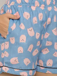 FashionRack Women Off White & Blue 2 Printed Lounge Shorts