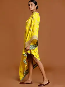 Masaba Yellow & Gold-Toned Floral Crepe Ethnic Kaftan Dress