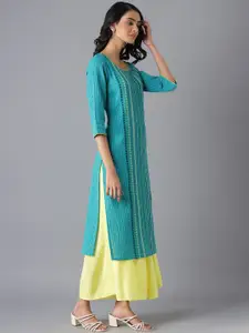 AURELIA Women Blue & Green Geometric Printed Pure Cotton Kurta