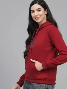Kotty Women Maroon Printed Hooded Sweatshirt