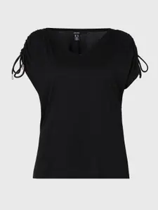 Vero Moda Women Black V-Neck Extended Sleeves Cotton T-shirt