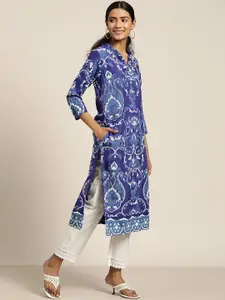 Sangria Women Blue & Off-White Ethnic Motifs Printed Kurta