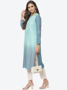 Rangriti Women Blue Geometric Printed Thread Work Kurta