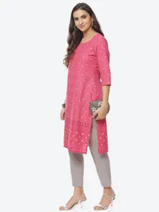 Rangriti Women Fuchsia & Yellow Floral Printed Pure Cotton Kurta