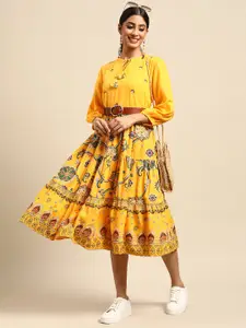 Sangria Yellow & Navy Blue Ethnic Motifs Tie-Up Neck Ethnic A-Line Tiered Dress