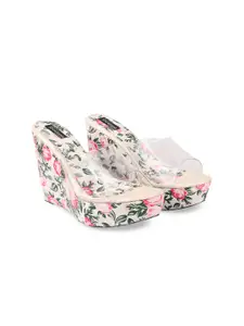 Shoetopia White & Purple Floral Printed Wedge Sandals