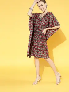 InWeave Maroon & Grey Jaal Print Kaftan Dress