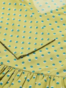 DEEBACO Olive Green Polka Dots Printed  A-Line Flared Hem Dress