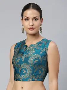 flaher Women Teal Blue & Gold Ethnic Motifs Jacquard Woven Design Saree Blouse with Tie-Up