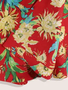 Sangria Girls Red & Yellow Pure Cotton Floral Print Wrap Dress