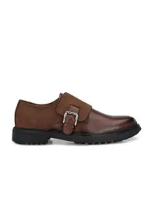 Hitz Men Brown Leather Buckle Formal Monk Shoes