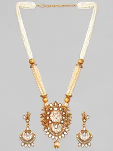 Rubans Woman Gold Plated & Pearl Beaded Mirror Studded Necklace Set