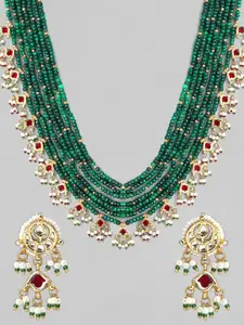 Rubans Gold & Green Kundan & Ruby Emerald Multi String Necklace Set